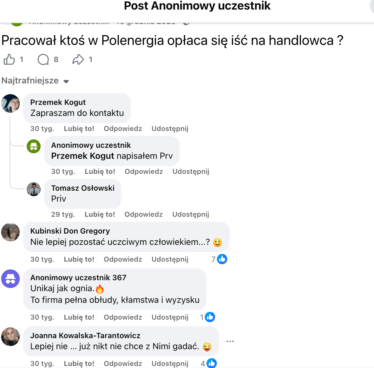 Opinia o Polenergia Fotowoltaika S.A. (obecnie ELQ Energy S.A.) z mediów społecznościowych - zrzut ekranu