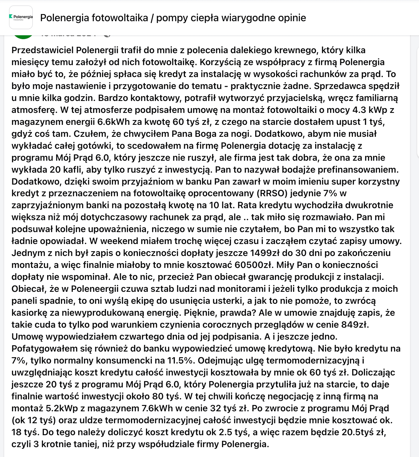 Opinia o Polenergia Fotowoltaika S.A. (obecnie ELQ Energy S.A.) z mediów społecznościowych - zrzut ekranu