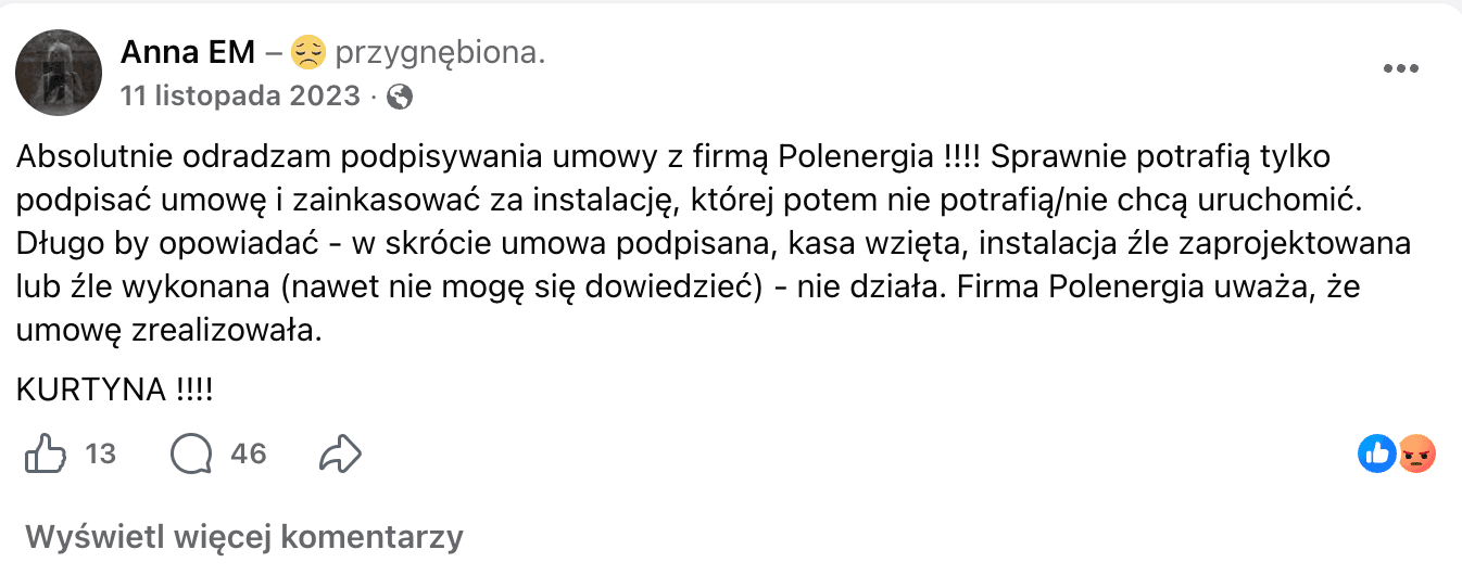 Opinia o Polenergia Fotowoltaika S.A. (obecnie ELQ Energy S.A.) z mediów społecznościowych - zrzut ekranu