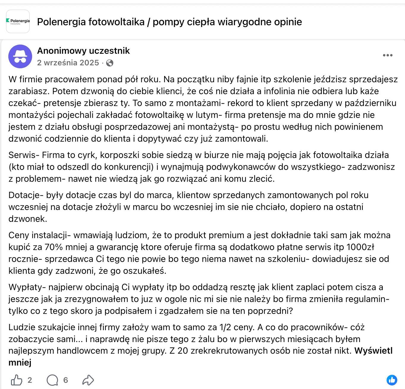 Opinia o Polenergia Fotowoltaika S.A. (obecnie ELQ Energy S.A.) z mediów społecznościowych - zrzut ekranu