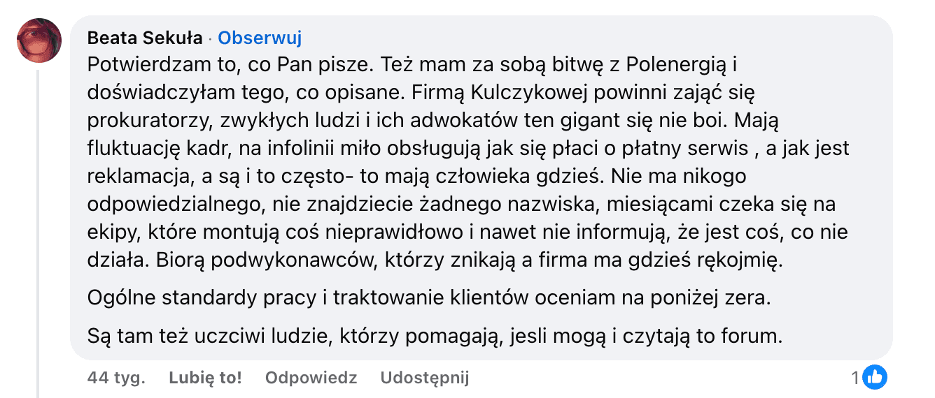 Opinia o Polenergia Fotowoltaika S.A. (obecnie ELQ Energy S.A.) z mediów społecznościowych - zrzut ekranu