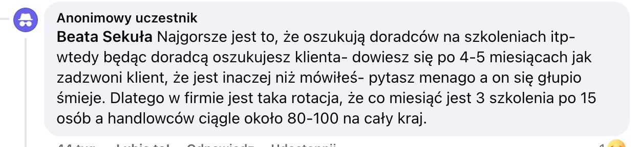 Opinia o Polenergia Fotowoltaika S.A. (obecnie ELQ Energy S.A.) z mediów społecznościowych - zrzut ekranu