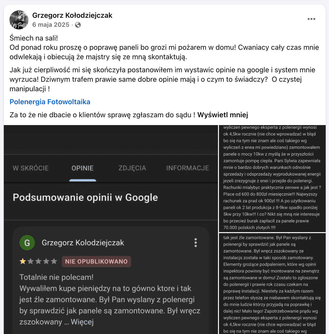 Opinia o Polenergia Fotowoltaika S.A. (obecnie ELQ Energy S.A.) z mediów społecznościowych - zrzut ekranu