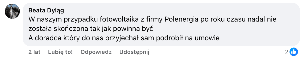 Opinia o Polenergia Fotowoltaika S.A. (obecnie ELQ Energy S.A.) z mediów społecznościowych - zrzut ekranu