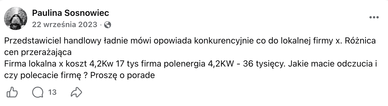 Opinia o Polenergia Fotowoltaika S.A. (obecnie ELQ Energy S.A.) z mediów społecznościowych - zrzut ekranu